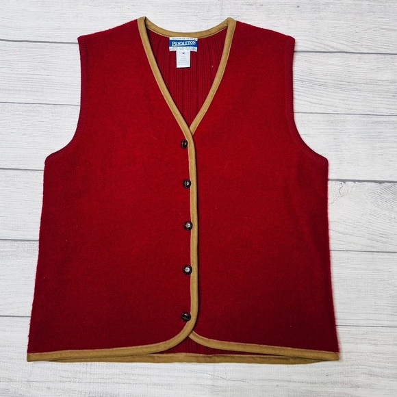 Pendleton Wool Sweater Vest Burgundy Red Tan Suede Trim Size Medium - Picture 1 of 5
